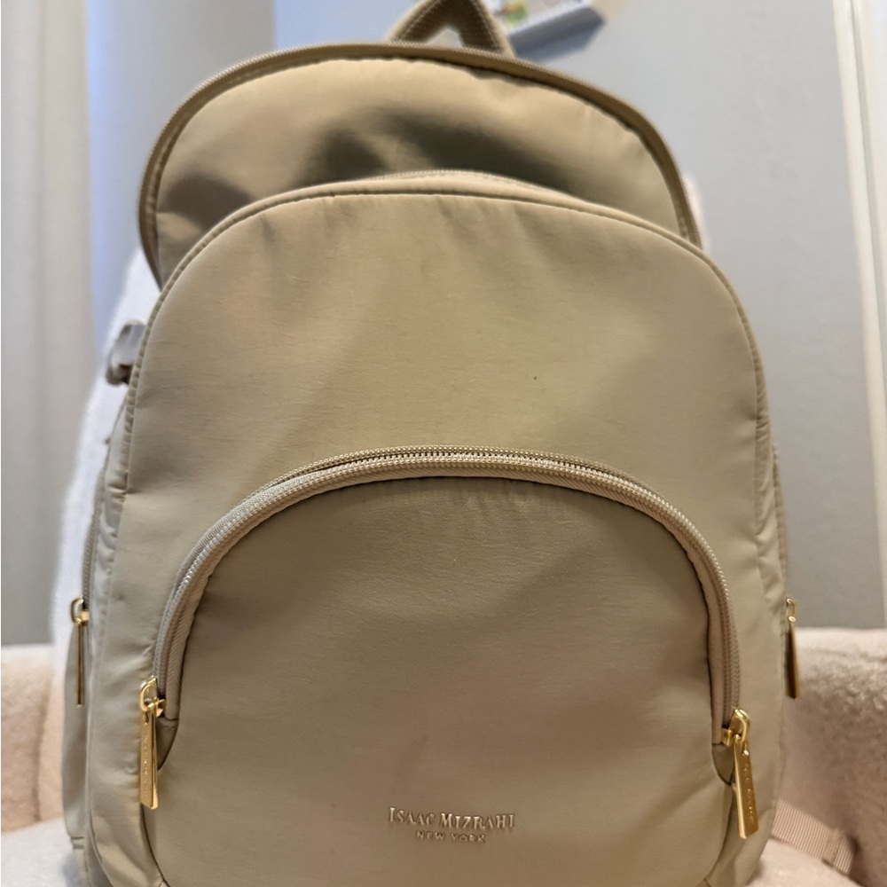 Isaac Mizrahi Cream Backpack with Gold Zippers
